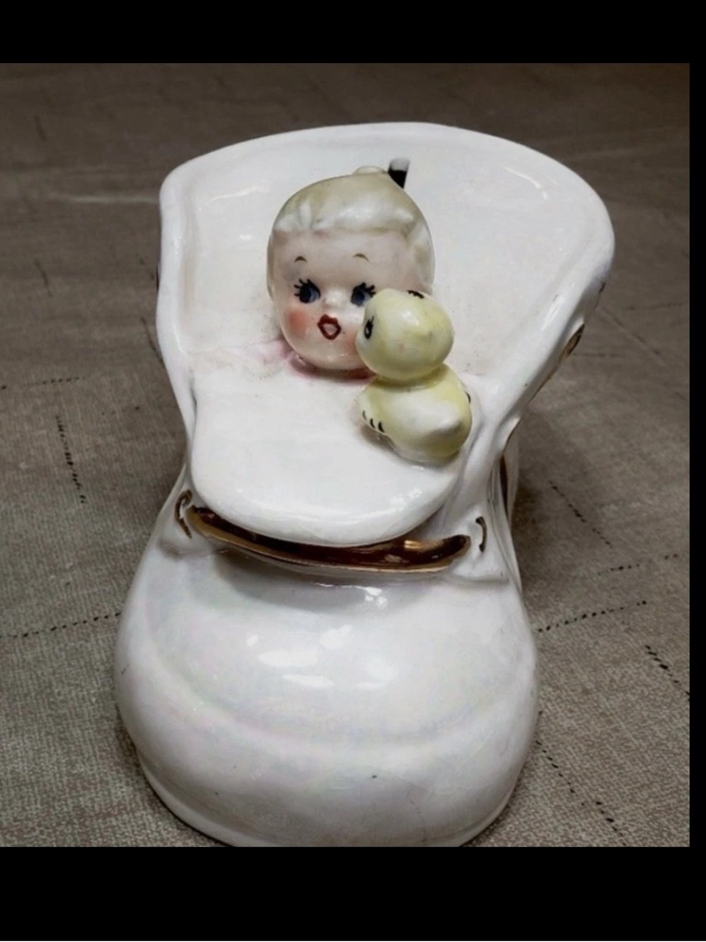 Vintage Lefton Ceramic Mid Century Lustreware Bank White Baby Shoe #1342